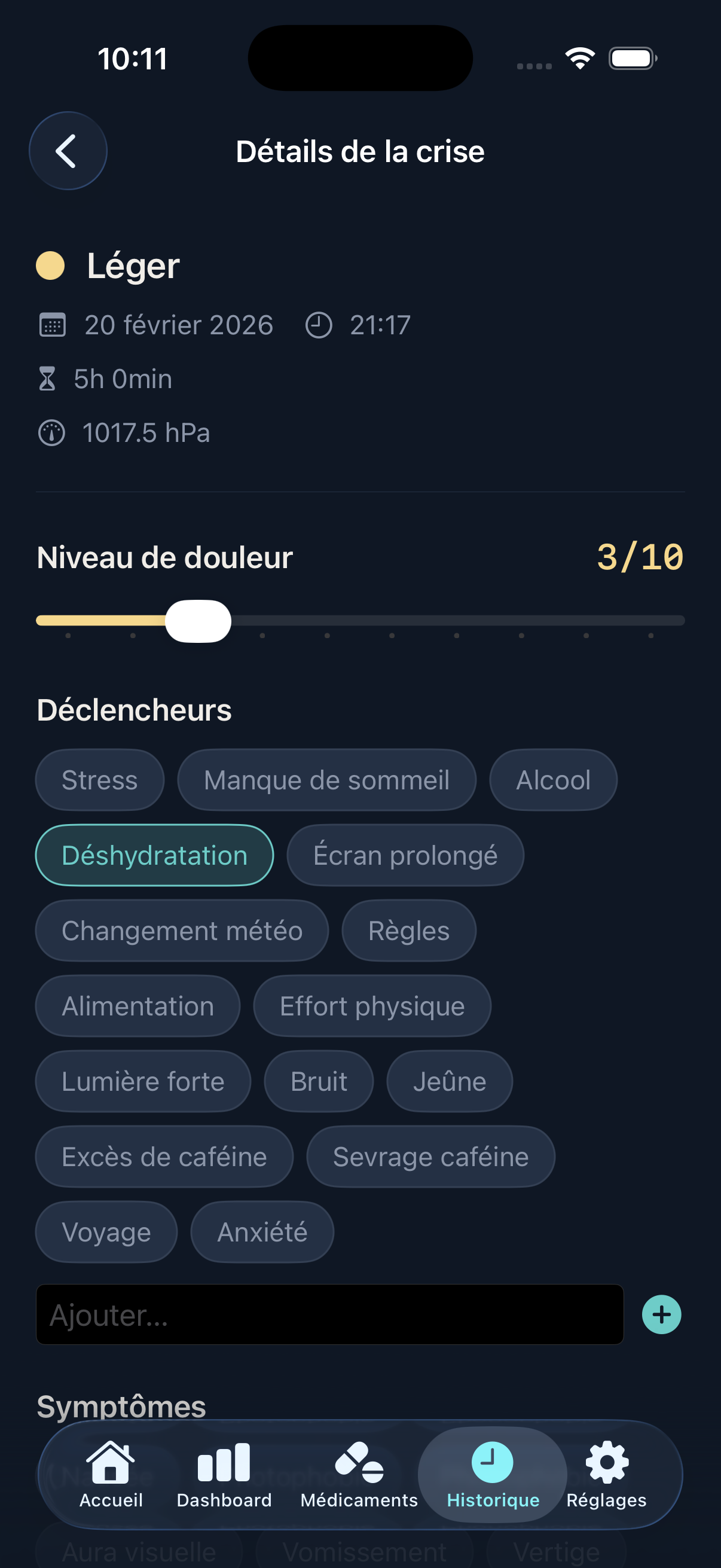 MiZen — détail d'une crise avec niveau de douleur et déclencheurs