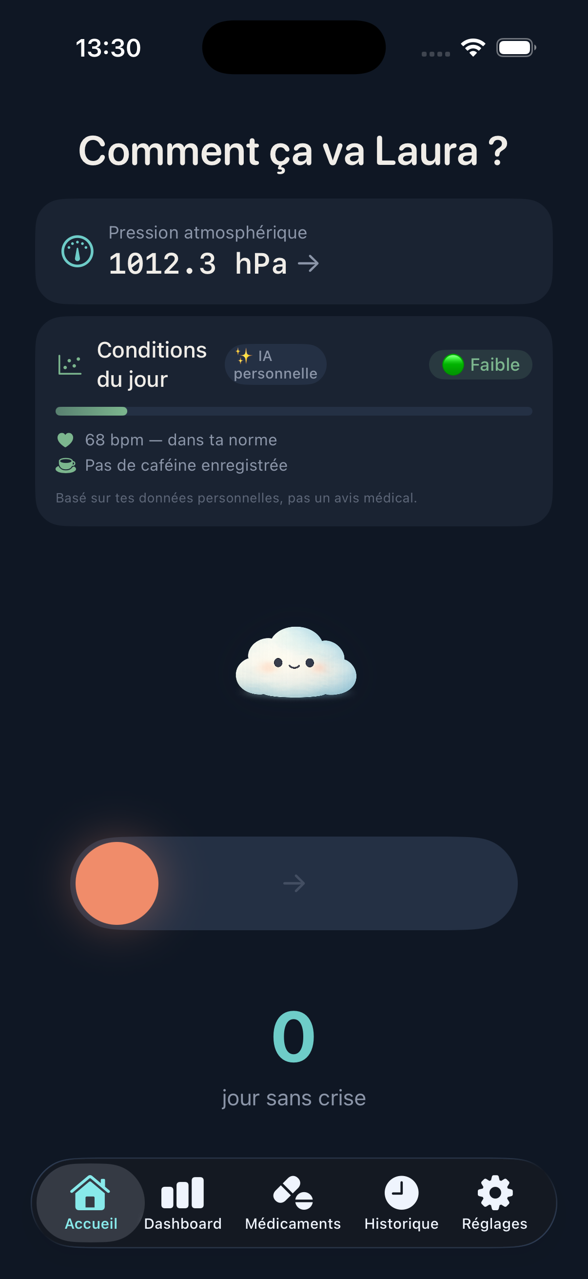 MiZen — écran d'accueil avec IA personnelle et conditions du jour